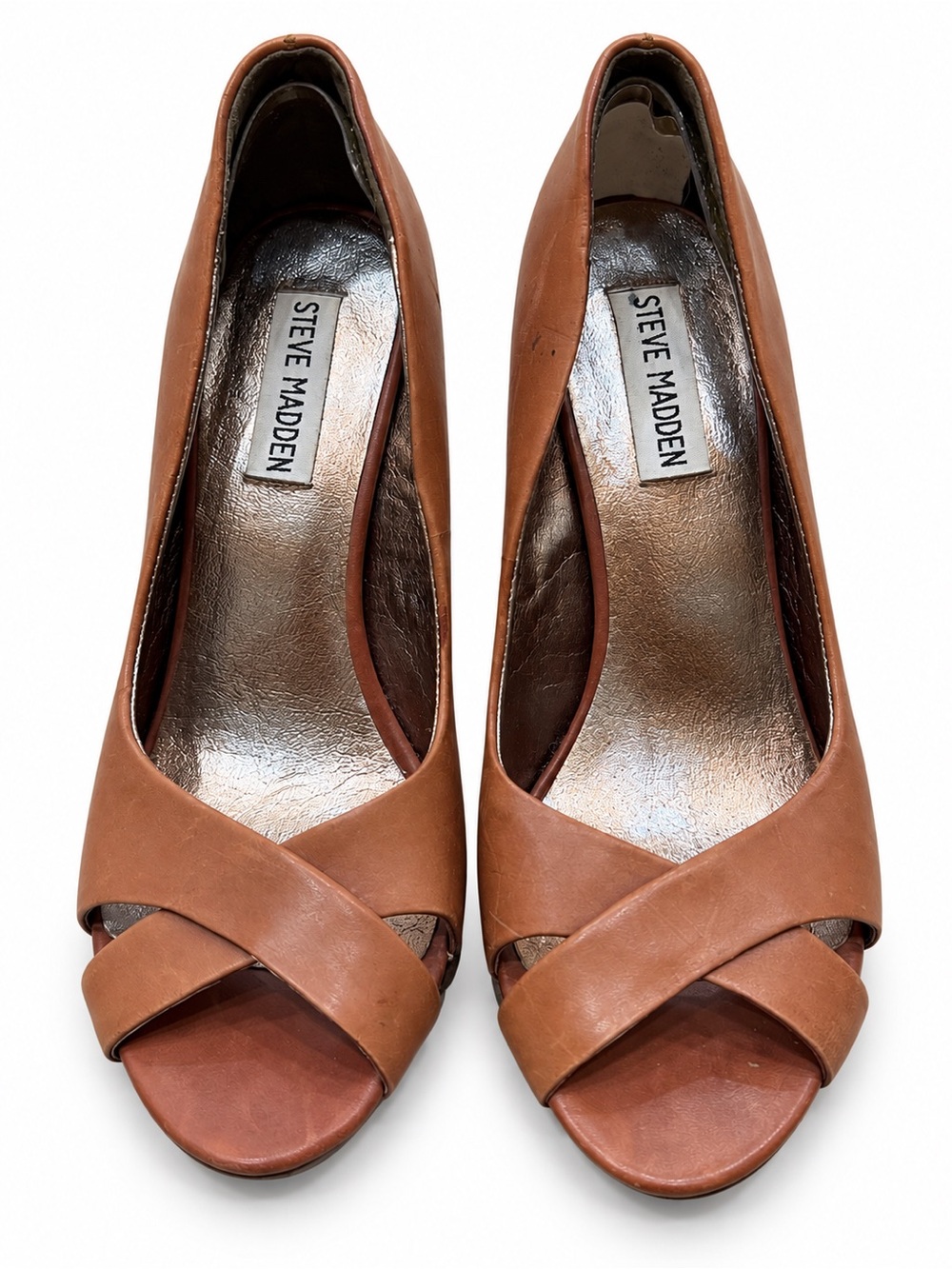 Steve Madden Brown Leather CrossโFront Peep-Toe Pumps Size 7